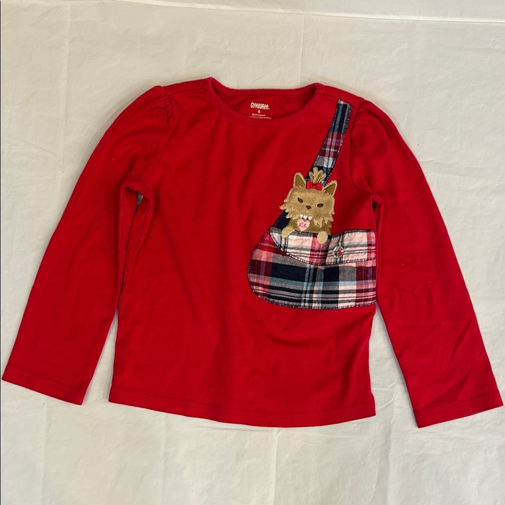Gymboree Red Long Sleeve Tee with Plaid Pocket and Dog Appliqué